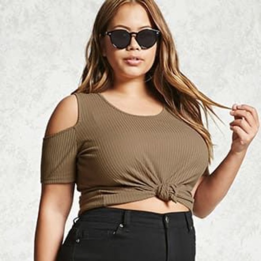 F21+ Open Shoulder Light Olive Knit Top
